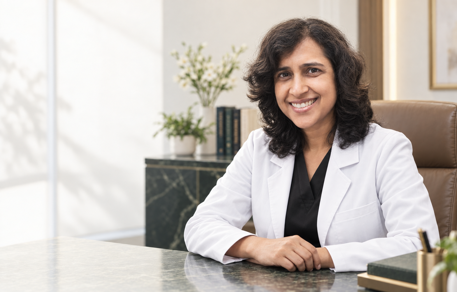 Dr. Dora Chopra in a private dermatology consultation room